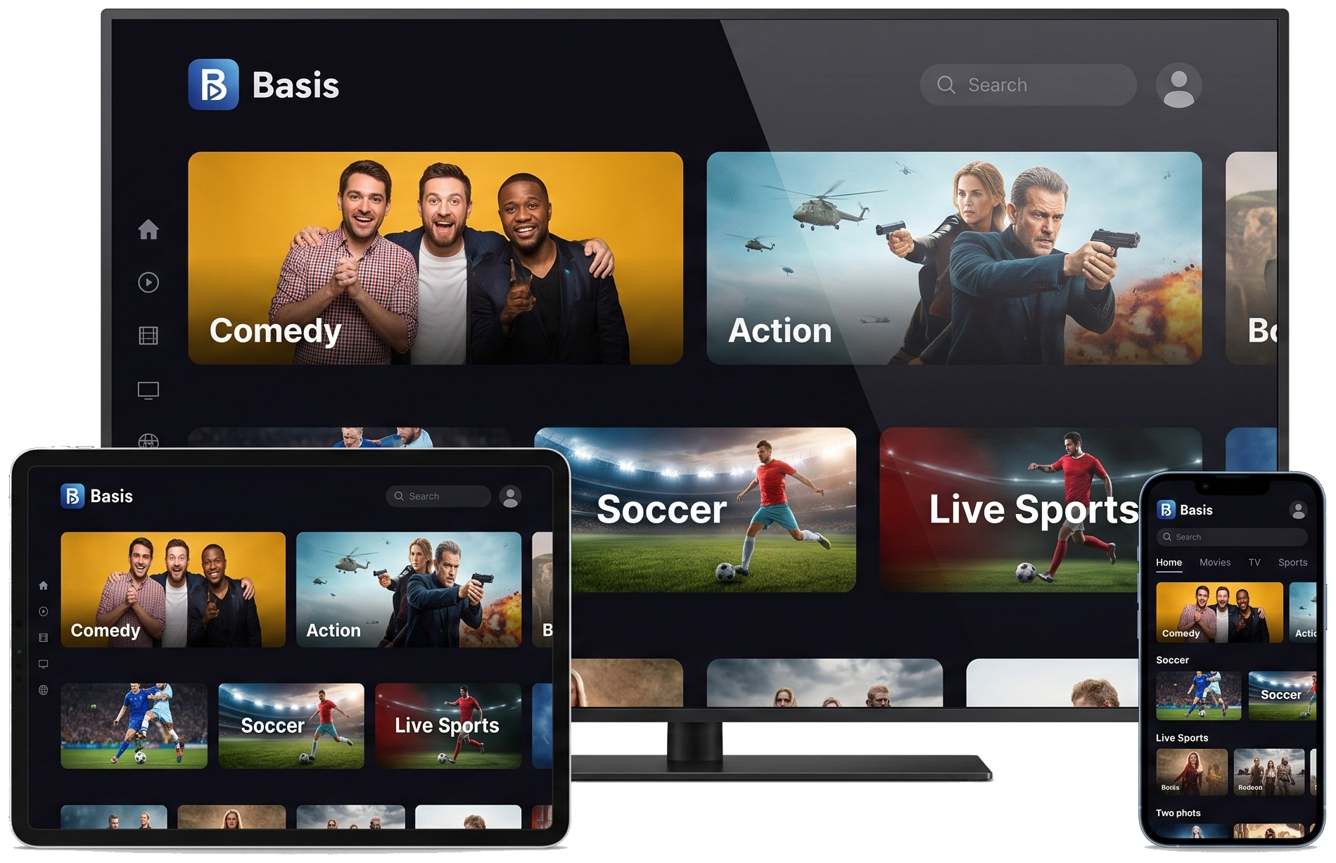 Basis running on a TV, a tablet and a phone, showing the same library on each